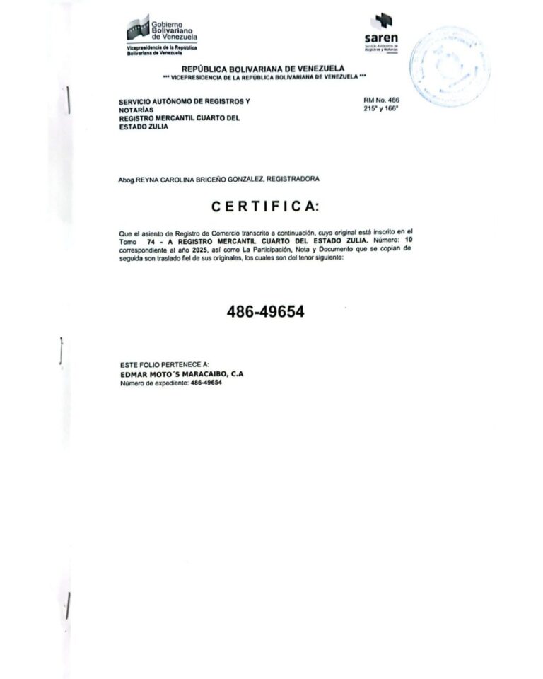 Registro Mercantil Edmar Moto's Maracaibo C.A Expediente Nro 486-49654