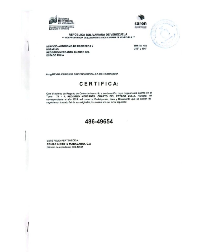 Registro Mercantil Edmar Moto's Maracaibo C.A Expediente Nro 486-49654