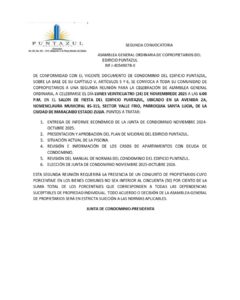 Segunda Convocatoria Asamblea General Ordinaria de Copropietarios Edificio Punta Azul
