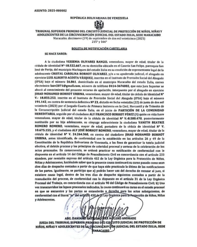 Boleta de Notificación Cartelaria Asunto: 2025-000002