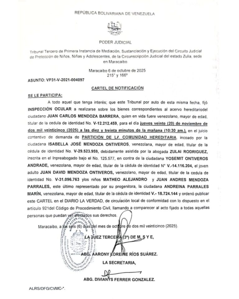 Cartel de Notificación Asunto VP31-V-2021-004097