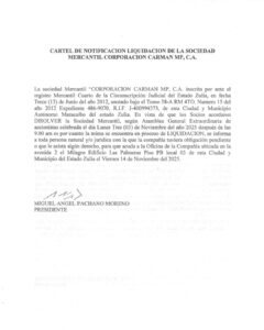 Cartel de Notificación Liquidación de la Sociedad Mercantil Corporación CARMAN MP, C.A
