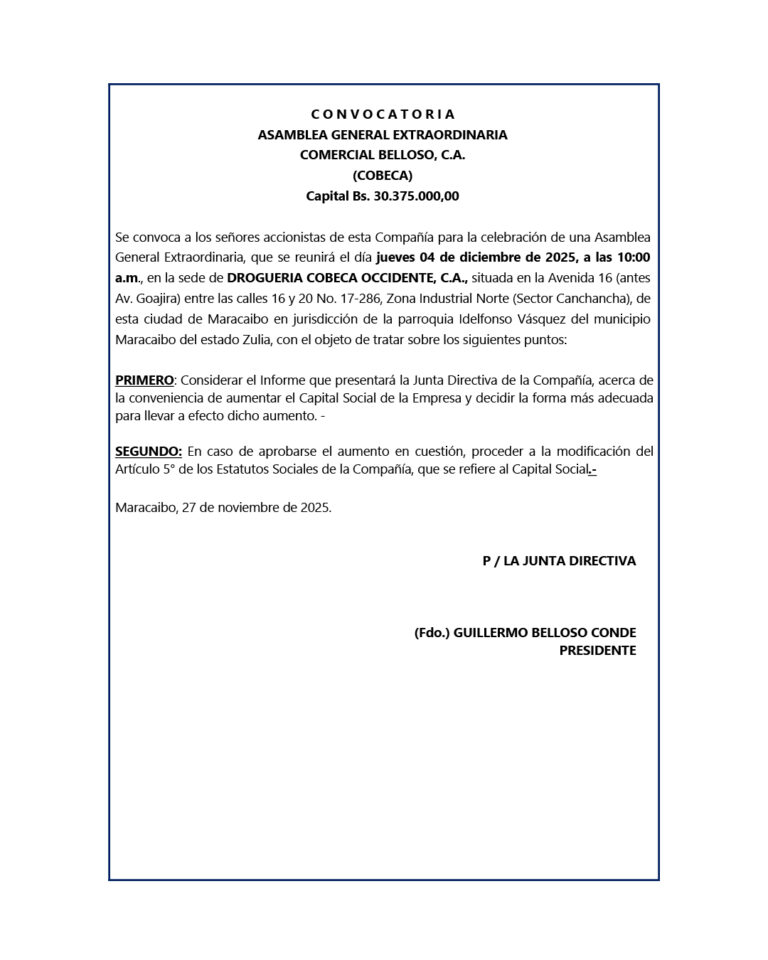 Convocatoria Asamblea General Extraordinaria Comercial Belloso, C.A. (COBECA)
