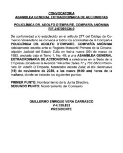 Convocatoria Asamblea General Extraordinaria de Accionistas Policlínica Dr. Adolfo D´Empaire C.A