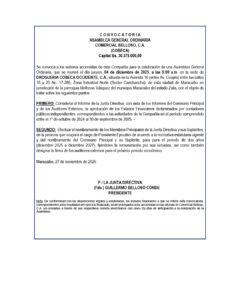 Convocatoria Asamblea General Ordinaria Comercial Belloso, C.A. (COBECA)