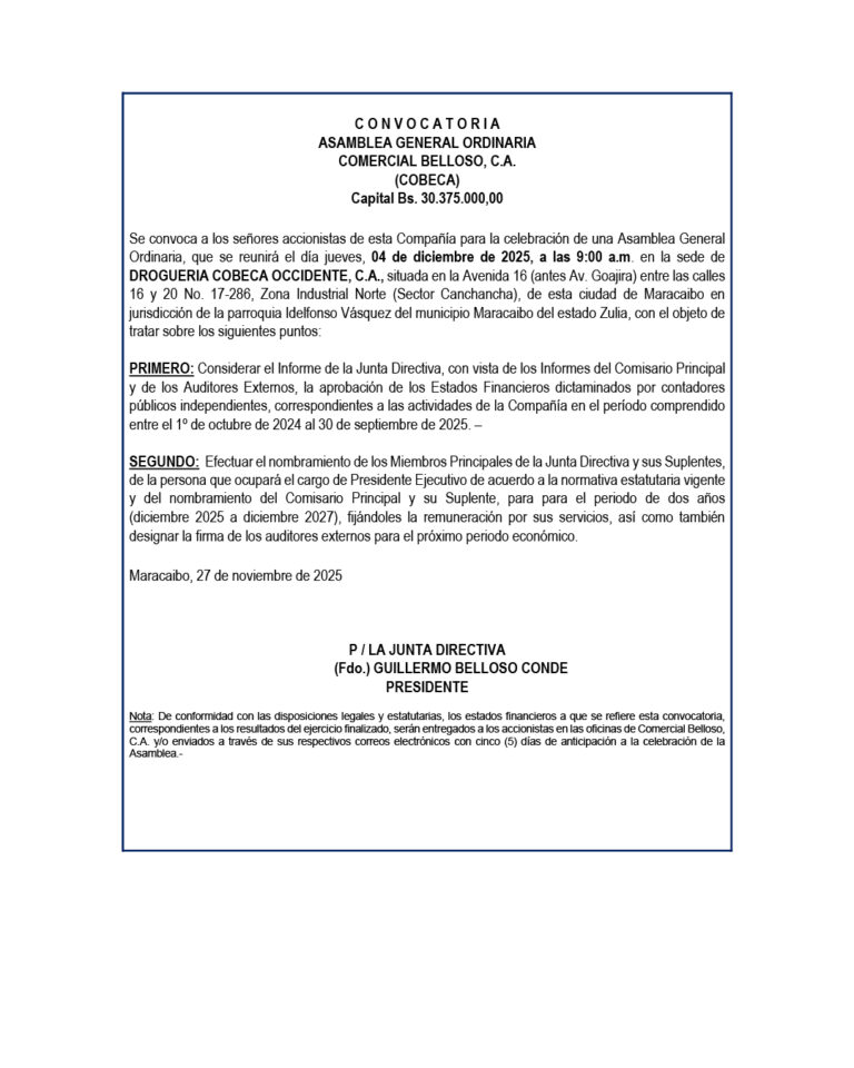 Convocatoria Asamblea General Ordinaria Comercial Belloso, C.A. (COBECA)