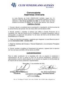 Convocatoria Asamblea ordinaria de Socios Club Venezolano Alemán