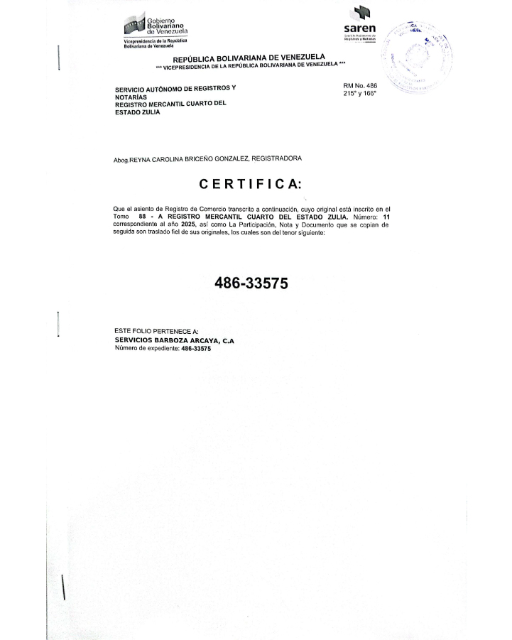 Registro Mercantil Servicios Barboza Arcaya Expediente Nro 486-33575