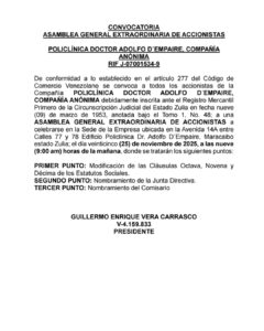 Convocatoria Asamblea General Extraordinaria de Accionistas Policlínica Dr. Adolfo D´Empaire