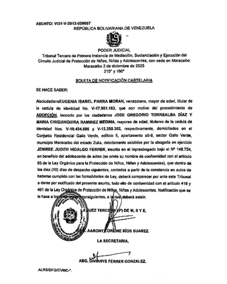 Boleta de Notificación Cartelaria Asunto VI31-V-2013-000097