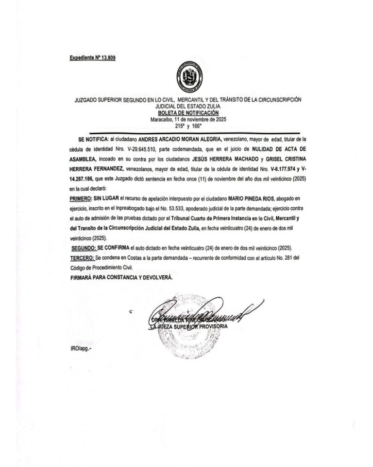 Boleta de Notificación Expediente Nro 13.809