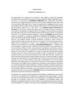 Convocatoria Asamblea Extraordinaria de Accionistas Inversiones Americanas C.A