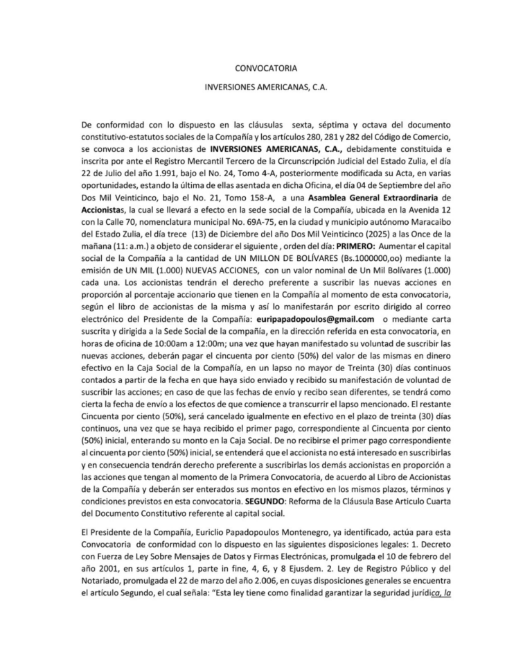 Convocatoria Asamblea Extraordinaria de Accionistas Inversiones Americanas C.A