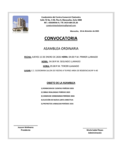 Convocatoria Asamblea Ordinaria Condominio del Centro Comercial Clodomira