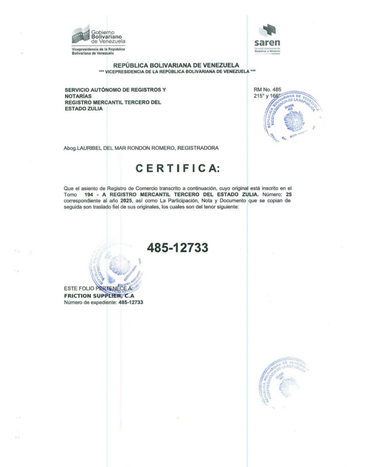 Registro Mercantil Friction Supplier, C.A Expediente NRO 485-12733