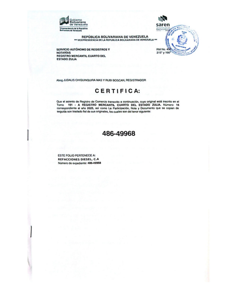 Registro Mercantil Refacciones Diesel, CA. Expediente Nro 486-49968