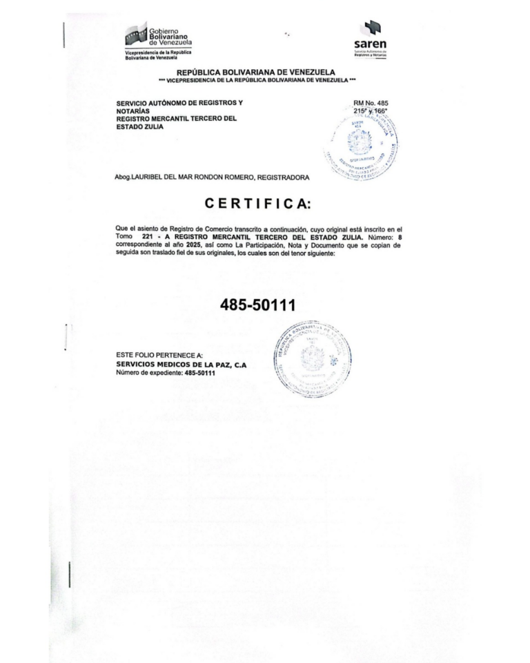 Registro Mercantil Servicios Medicos de la Paz, C.A Expediente Nro 485-50111