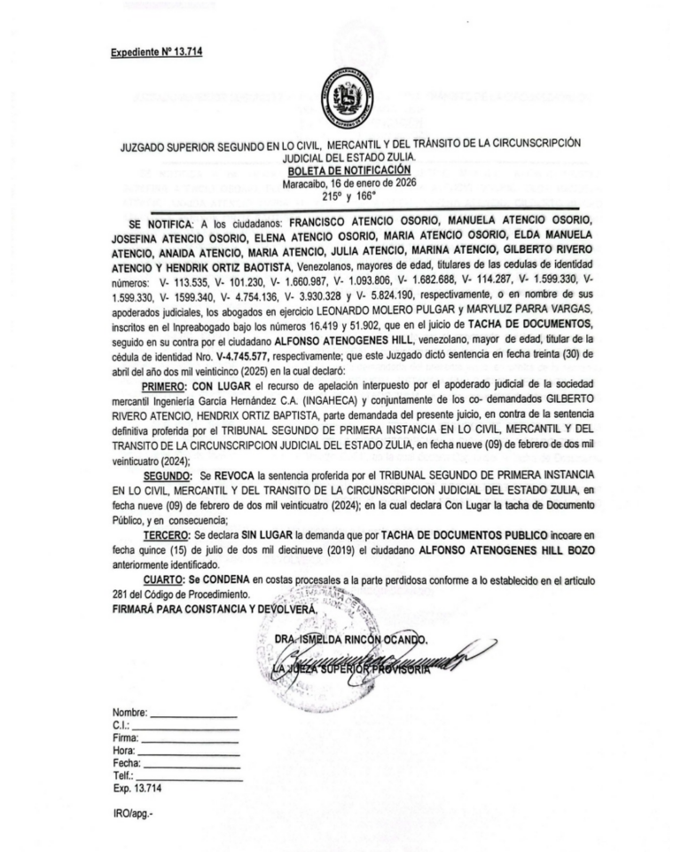 Boleta de Notificación Expediente Nro 13.714