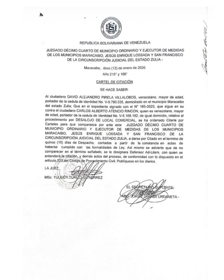 Cartel de Citación Expediente N° 185-2025