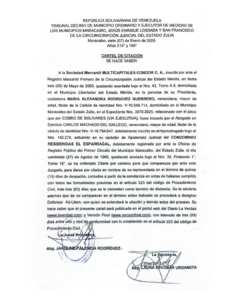 Cartel de Citación Sociedad Mercantil Multicapitales Cóndor, C.A