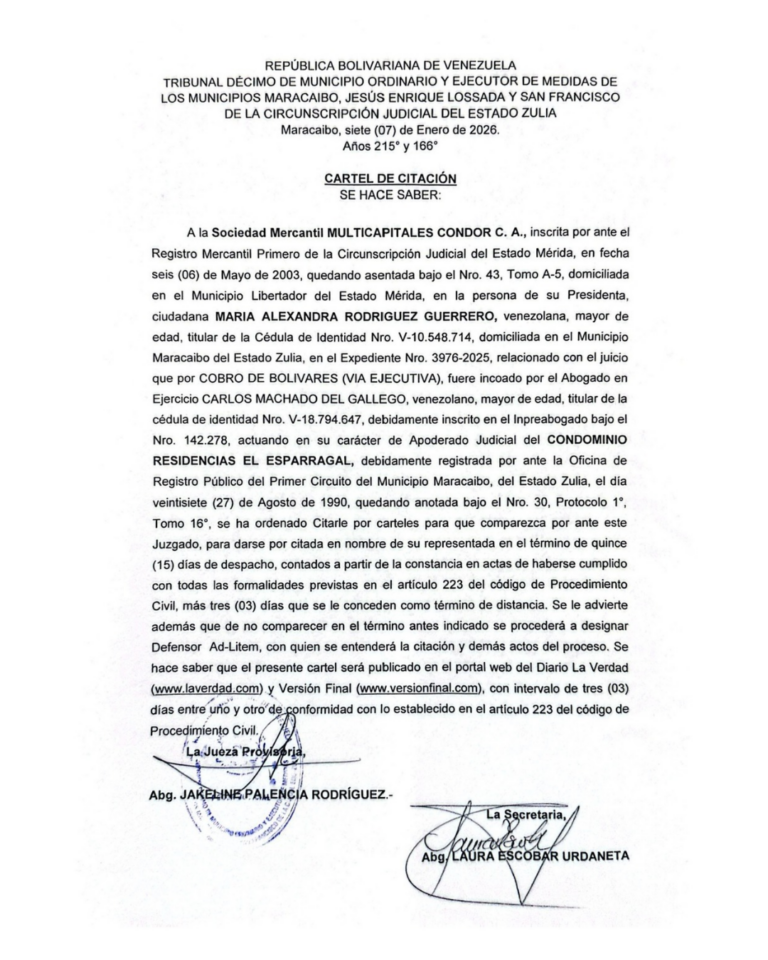 Cartel de Citación Sociedad Mercantil Multicapitales Cóndor, C.A