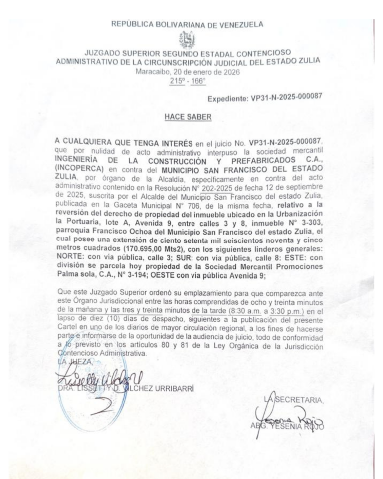 Cartel de Notificación Expediente Nro VP31-N-2025-000087