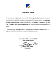 Convocatoria Asamblea Extraordinaria Club Náutico de Maracaibo
