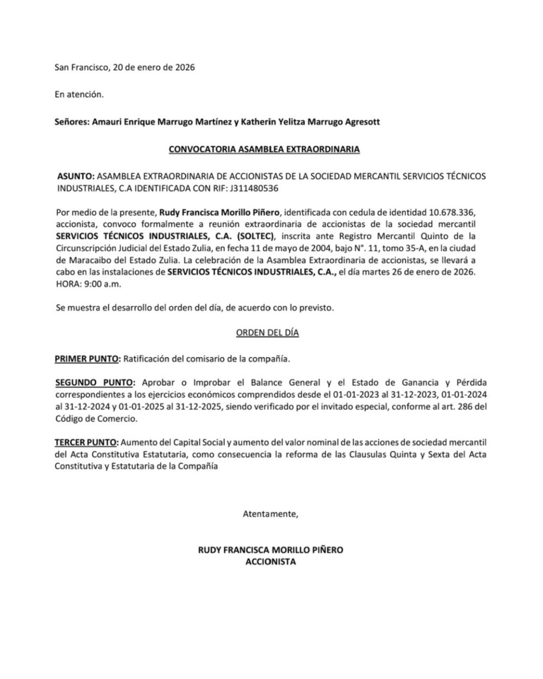 Convocatoria Asamblea Extraordinaria Servicios Técnicos Industriales, C.A
