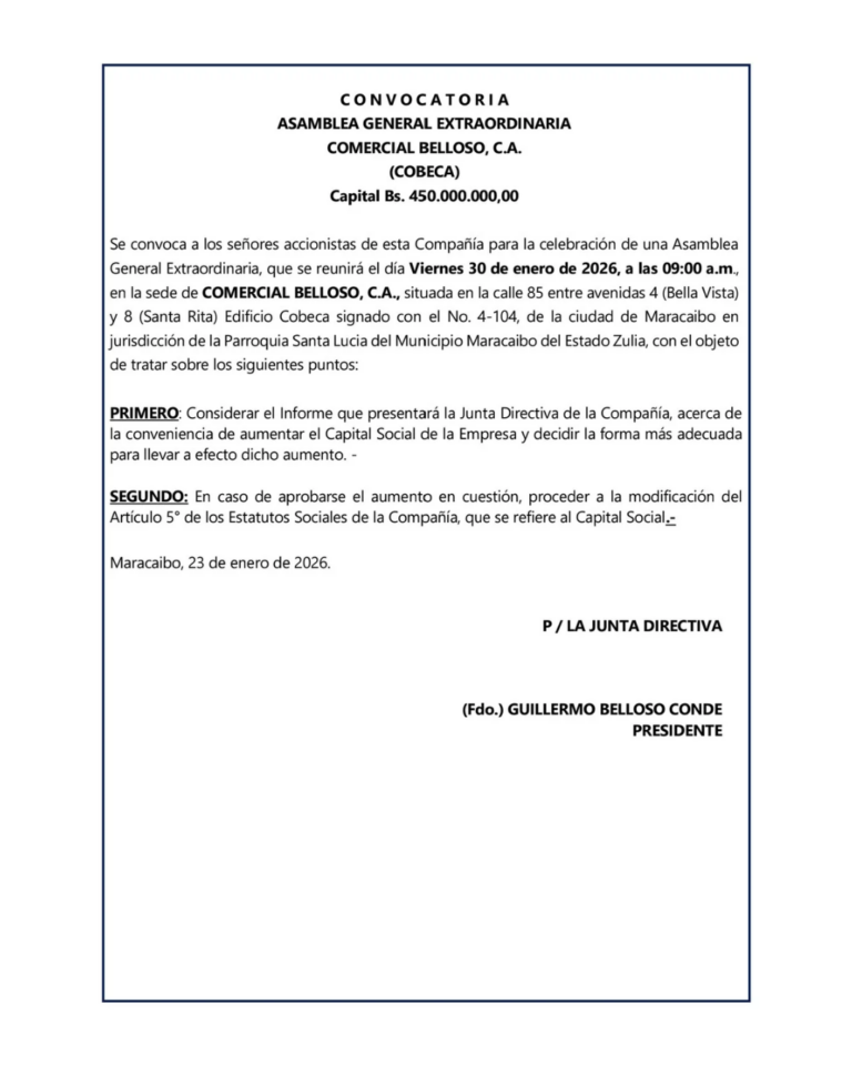 Convocatoria Asamblea General Extraordinaria Comercial Belloso, C.A (COBECA)