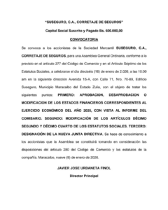 Convocatoria Asamblea General Ordinaria Suseguro, C.A Corretaje de Seguros