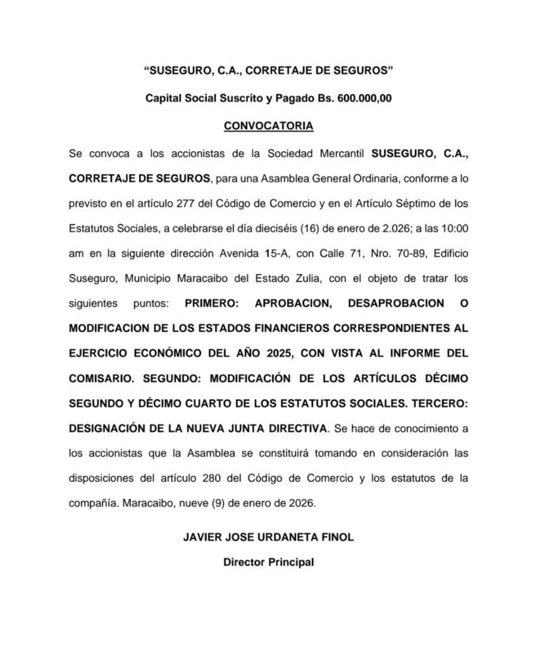 Convocatoria Asamblea General Ordinaria Suseguro, C.A Corretaje de Seguros