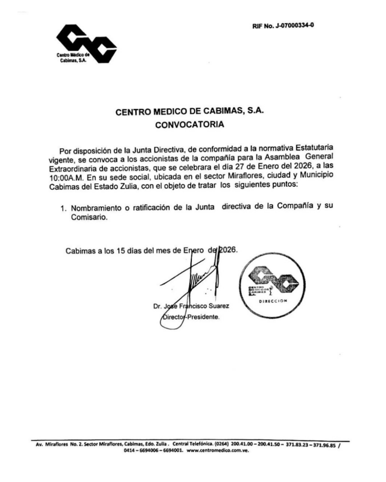 Convocatoria Centro Médico de Cabimas, S.A