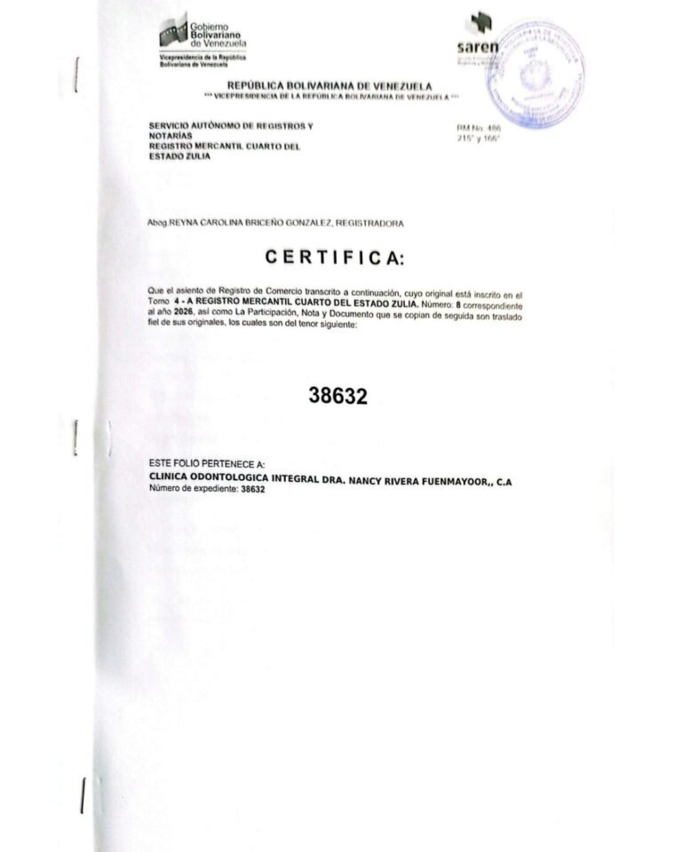 Registro Mercantil Clínica Odontológica Integral Dra. Nancy Rivera Fuenmayoor, C.A