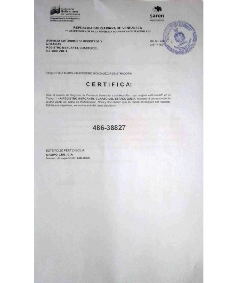 Registro Mercantil Grupo Cru, C.A Expediente Nro 486-38827