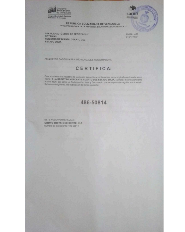 Registro Mercantil Grupo Distrioccidente, C.A Expediente Nro 486-50814