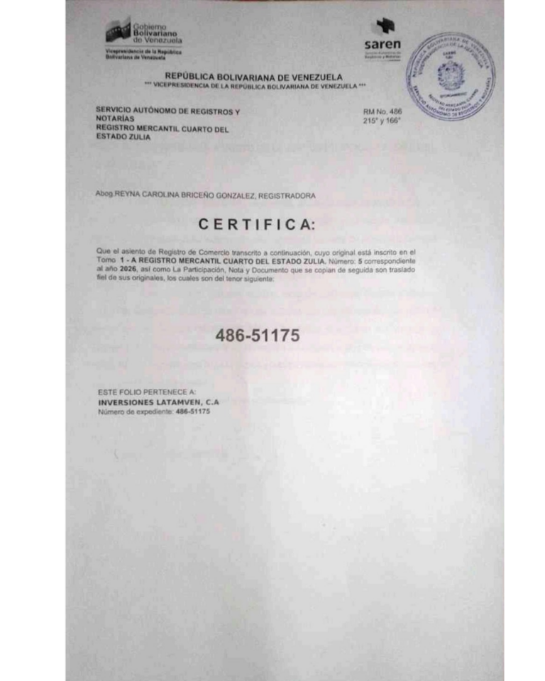Registro Mercantil Inversiones Latamven, C.A Expediente Nro 486-51175