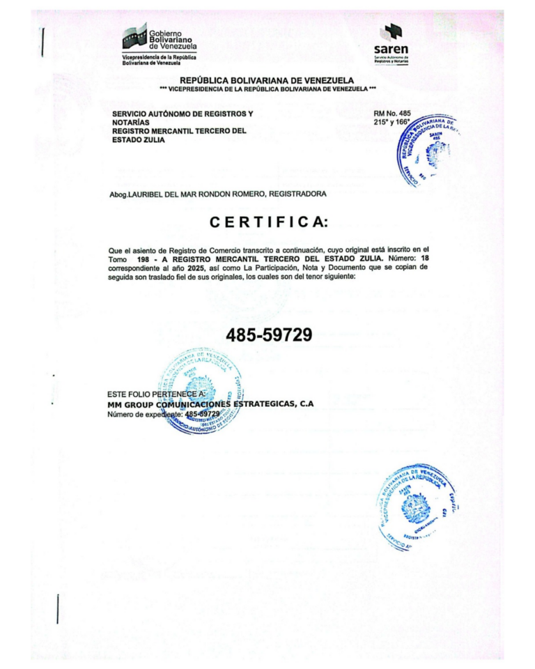 Registro Mercantil MM Group Comunicaciones Estratégicas, C.A