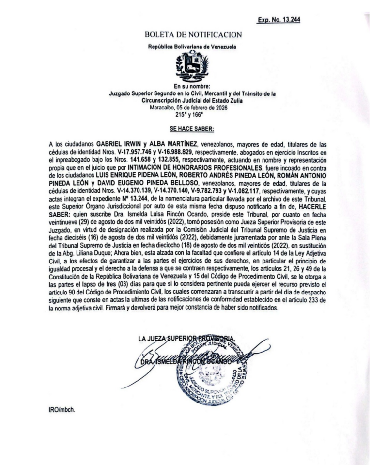 Boleta de Notificación Expediente Nro 13.244