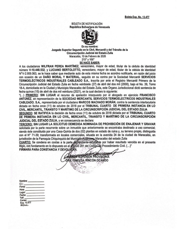 Boleta de Notificación Expediente Nro 13.477