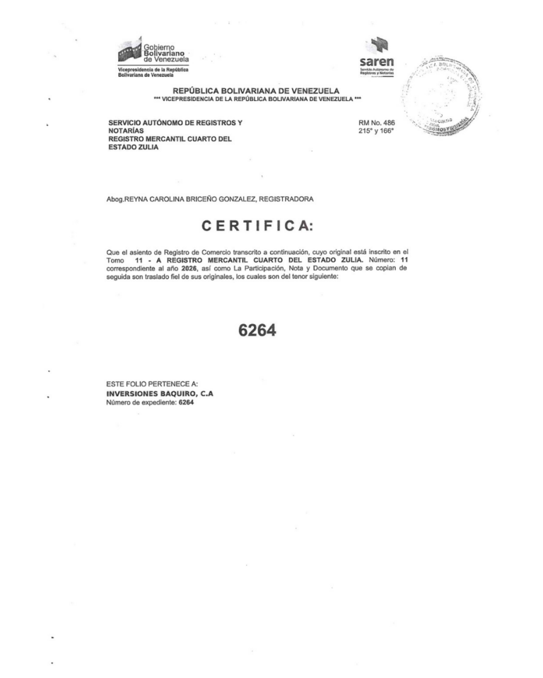 Registro Mercantil Inversiones Baquiro, C.A