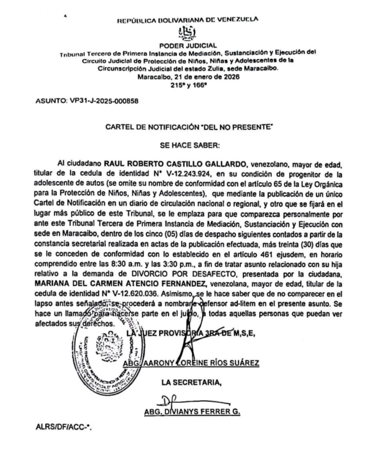 Cartel de Notificación “Del NO Presente” Asunto VP31-J-2025-000858
