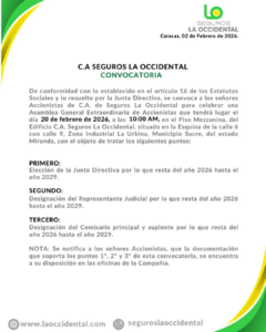 Convocatoria Asamblea Extraordinaria de Accionistas C.A Seguros La Occidental