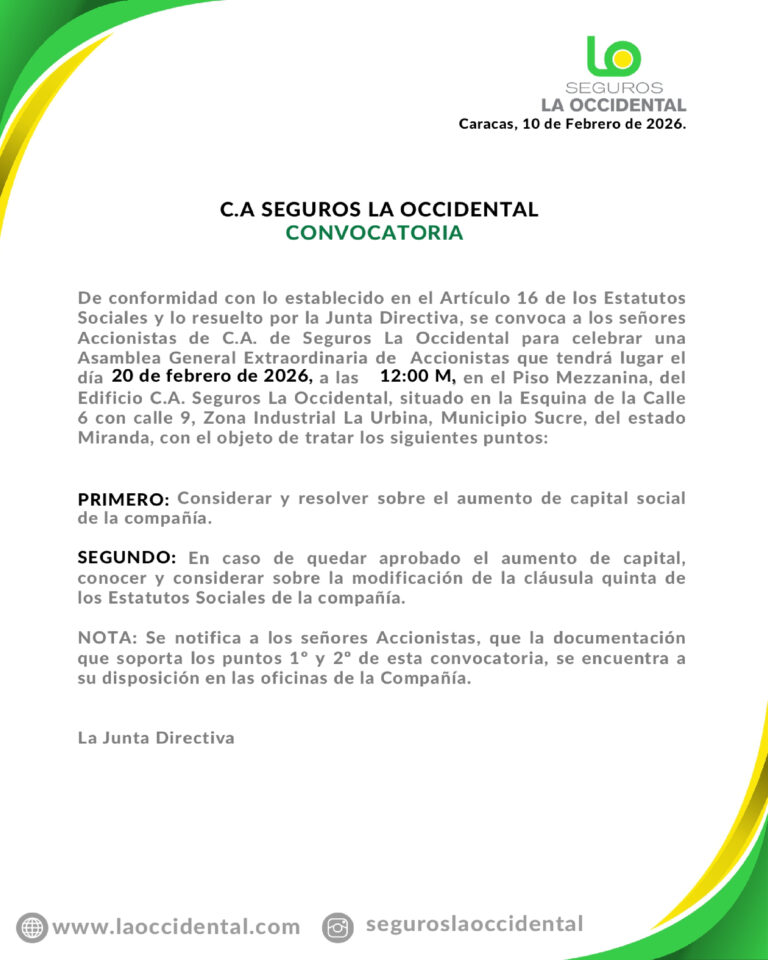Convocatoria Asamblea Extraordinaria de Accionistas, CA Seguros La Occidental