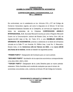 Convocatoria Asamblea General Extraordinaria de Accionistas Corporación Angel’s Internacional, C.A