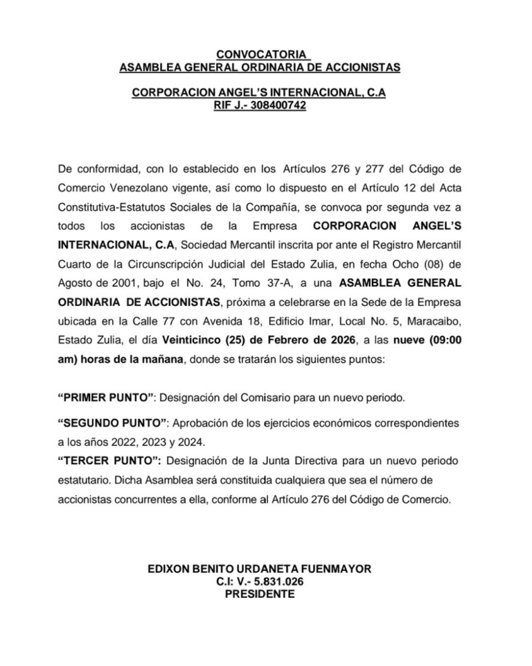 Convocatoria Asamblea General Extraordinaria de Accionistas Corporación Angel’s Internacional, C.A