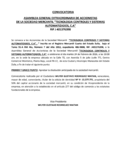 Convocatoria Asamblea General Extraordinaria de Accionistas Tecnología Controles y Sistemas Automatizados, C.A