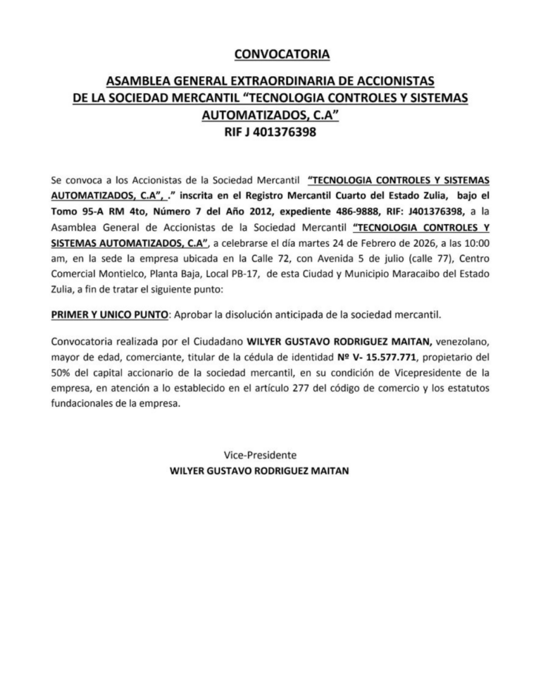 Convocatoria Asamblea General Extraordinaria de Accionistas Tecnología Controles y Sistemas Automatizados, C.A