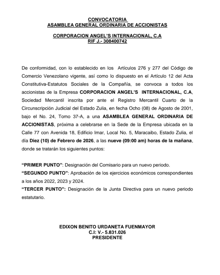 Convocatoria Asamblea Ordinaria de Accionistas Corporación Angel’s Internacional, C.A