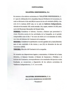 Convocatoria Asamblea Ordinaria de Accionistas Gallera Independencia, C.A