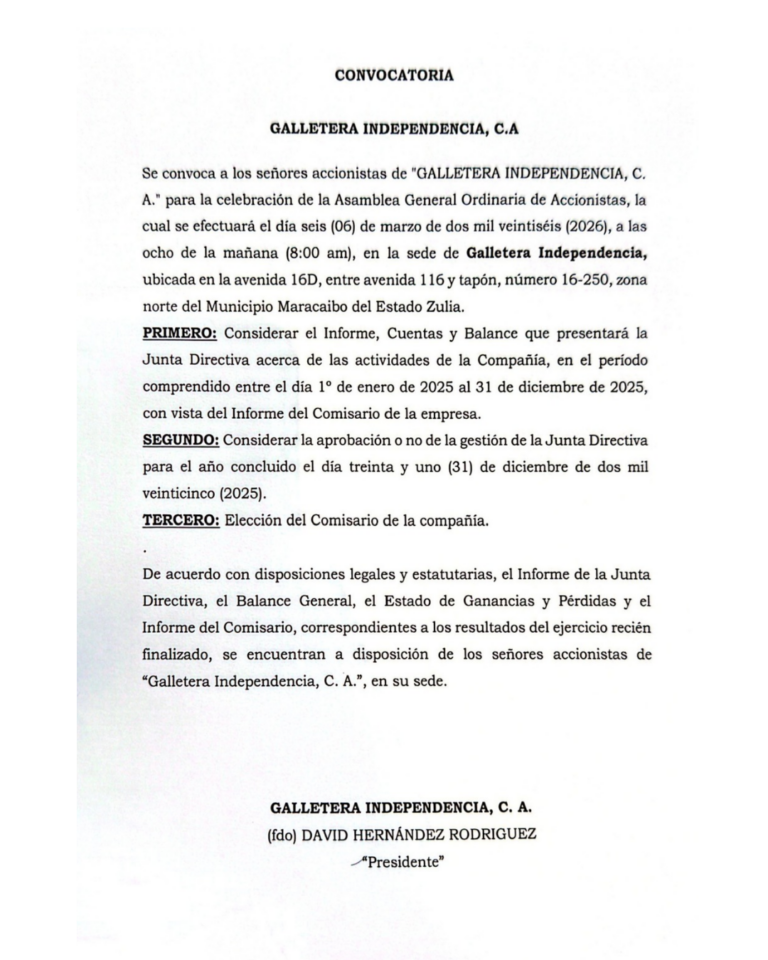 Convocatoria Asamblea Ordinaria de Accionistas Gallera Independencia, C.A